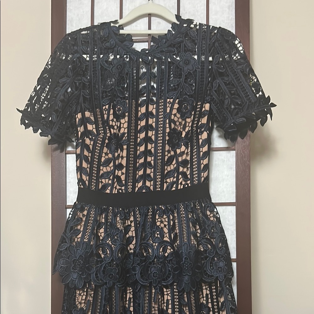 Self-Portrait Midnight Blue lace and Tan Midi Dress with Flutter Sleeves